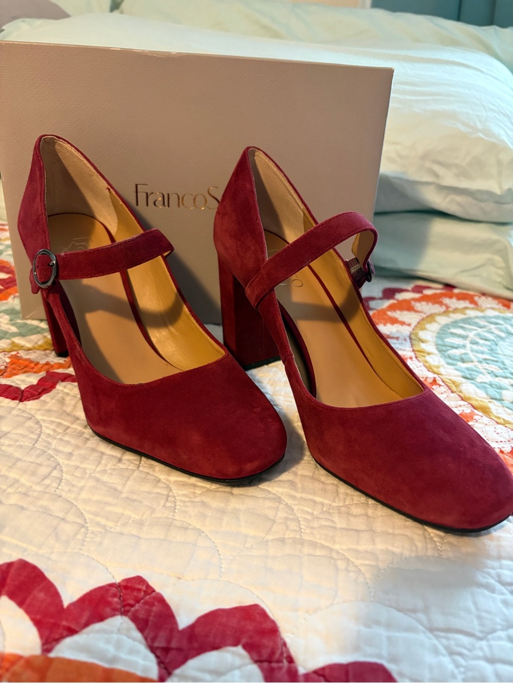 Franco Sarto Burgundy Suede Mary Jane Block Heels Size 9
